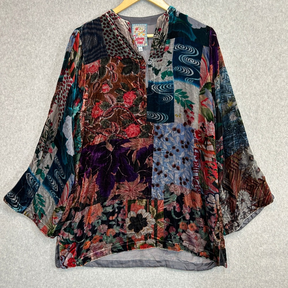 Johnny Was Velvet Patchwork Multi Grace Tessa Tunic Top Floral Silk Blend Size M